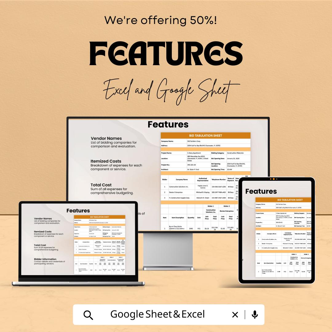 Bid Tabulation Template - Excel & Google Sheets | Vendor Comparison | Project Bid Analysis Tool