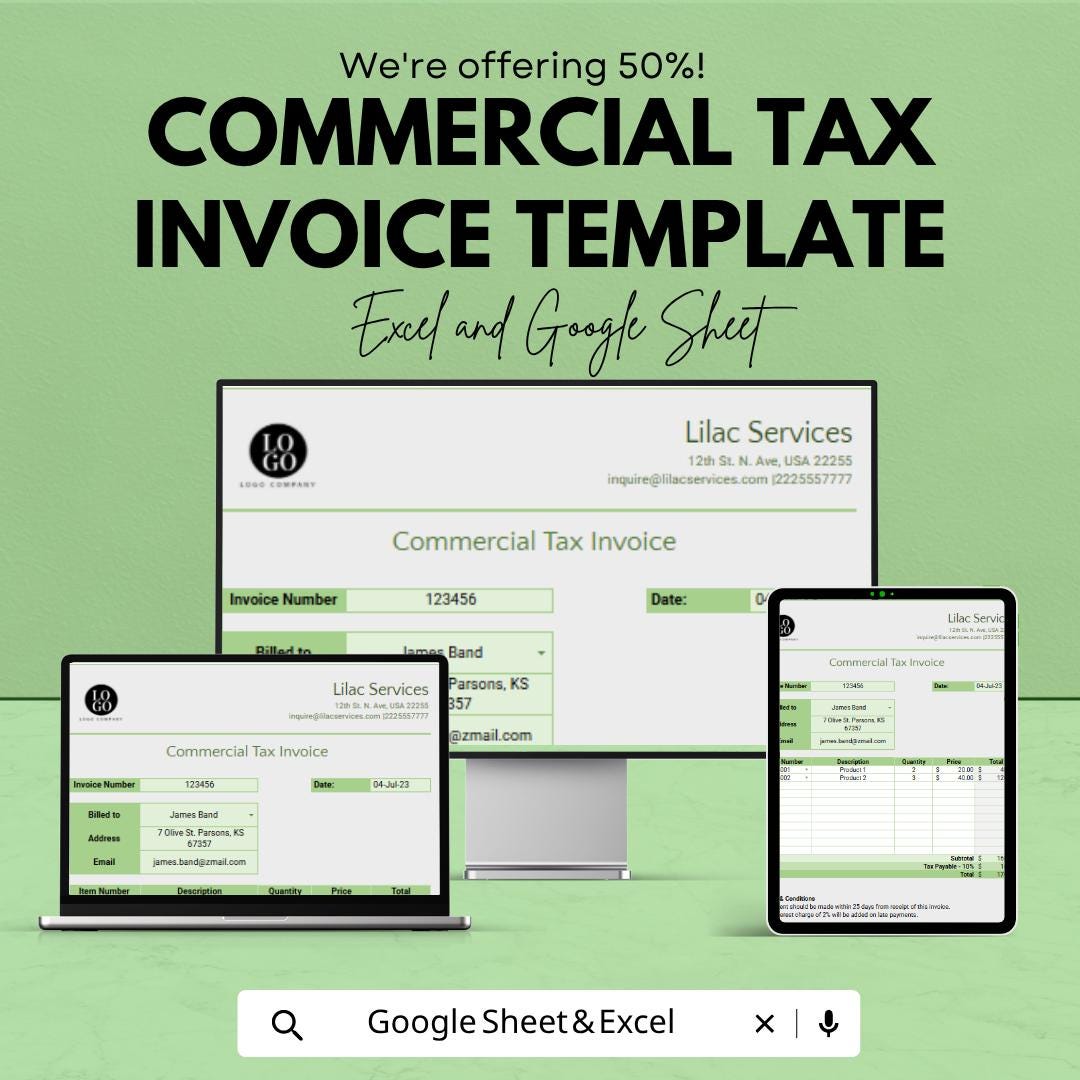 Commercial Tax Invoice Template | Business Invoice Spreadsheet | Tax Invoice Template | Excel & Google Sheets | Professional Invoice Tracker