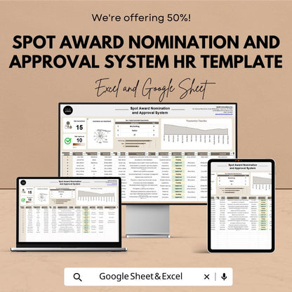 Spot Award Nomination and Approval System HR Template | Employee Recognition Tracker | Excel & Google Sheets HR Tool
