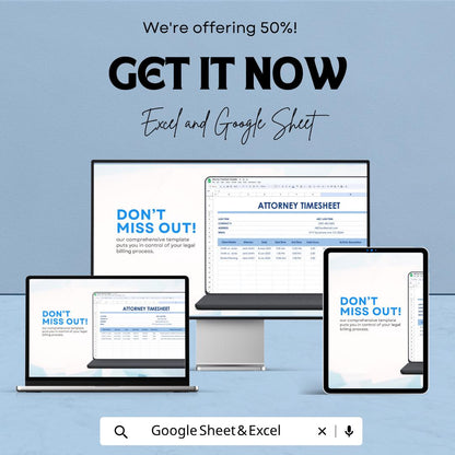 Attorney Timesheet Template | Legal Timesheet Spreadsheet | Lawyer Billing Tracker | Billable Hours Tracking Sheet