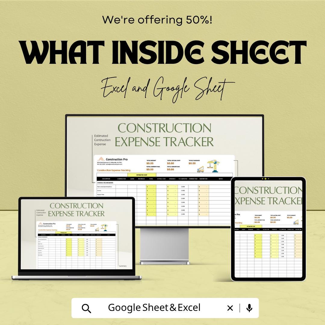 Construction Expense Tracking Template | Construction Budget Spreadsheet | Project Cost Tracker | Excel & Google Sheets | Contractor Expense