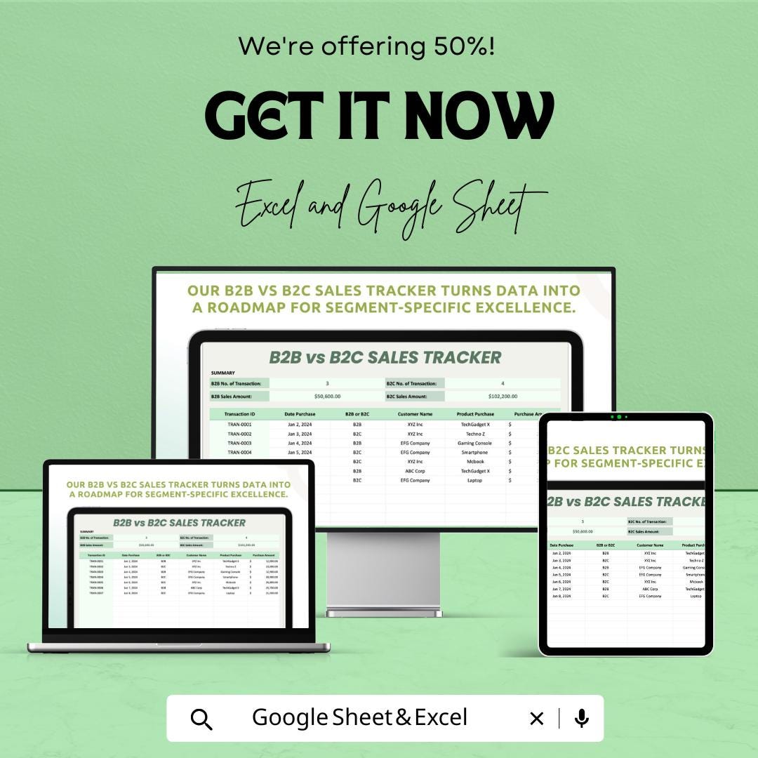 B2B vs B2C Sales Tracker Template | Excel & Google Sheets | Sales Performance Dashboard | Business Sales Analysis Spreadsheet