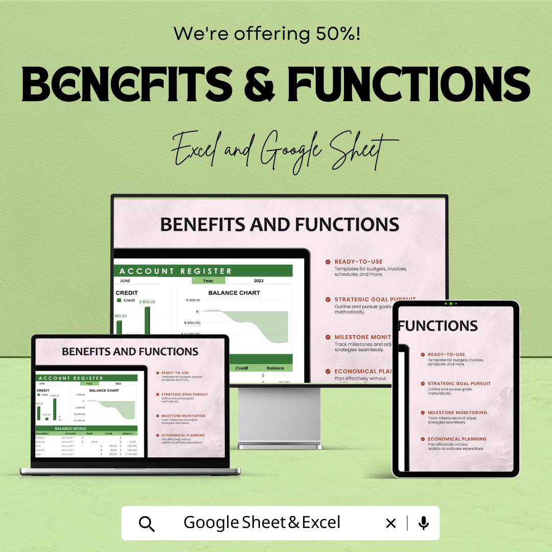 Account Register Sheet | Excel & Google Sheets Finance Tracker | Debit Credit Log | Balance Chart Template | Digital Ledger