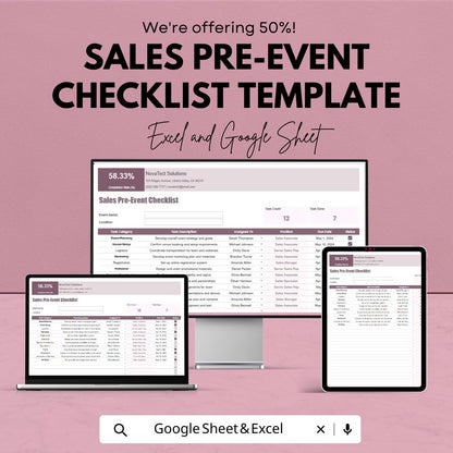 Sales Pre-Event Checklist Template, Event Planning Tracker, Sales Event Organizer, Task Management Sheet, Excel and Google Sheets
