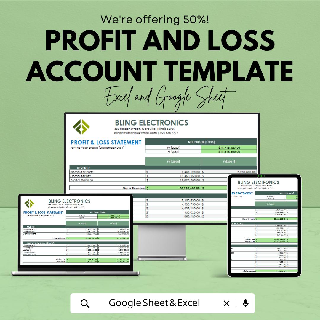Profit and Loss Account Template | Profit and Loss Statement | Excel and Google Sheets Income Statement | P&L Report Template for Business