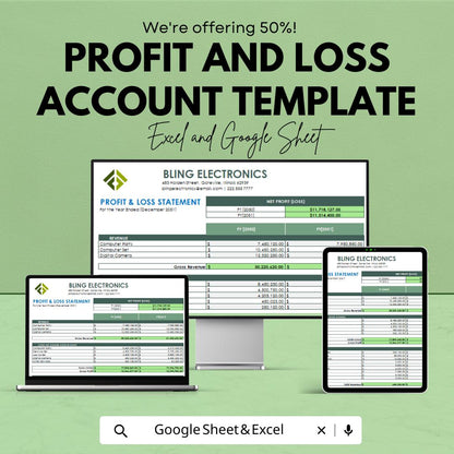 Profit and Loss Account Template | Profit and Loss Statement | Excel and Google Sheets Income Statement | P&L Report Template for Business