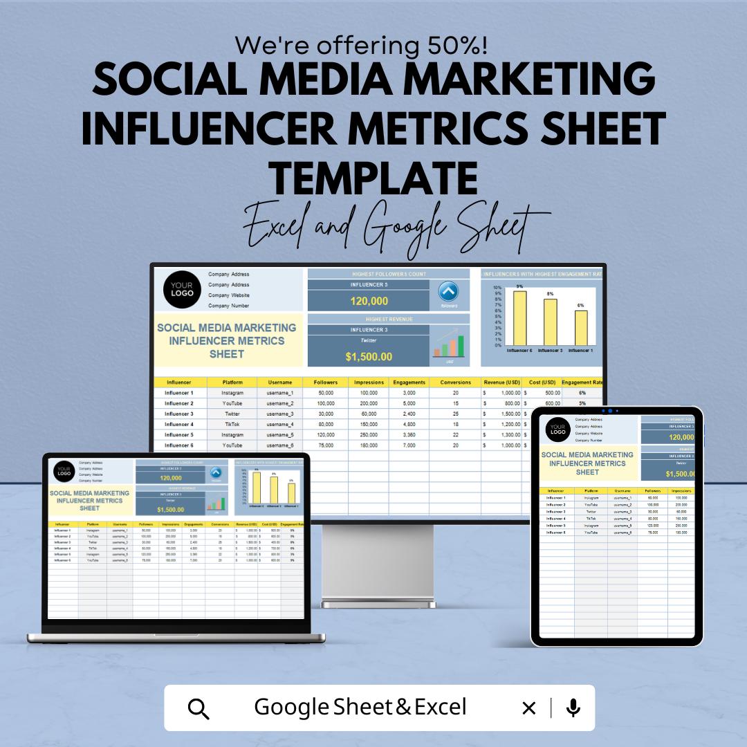Social Media Marketing Influencer Metrics Sheet Template | Excel & Google Sheets | Influencer Analytics Tracker | Campaign Performance |