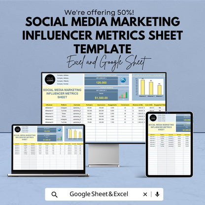 Social Media Marketing Influencer Metrics Sheet Template | Excel & Google Sheets | Influencer Analytics Tracker | Campaign Performance |