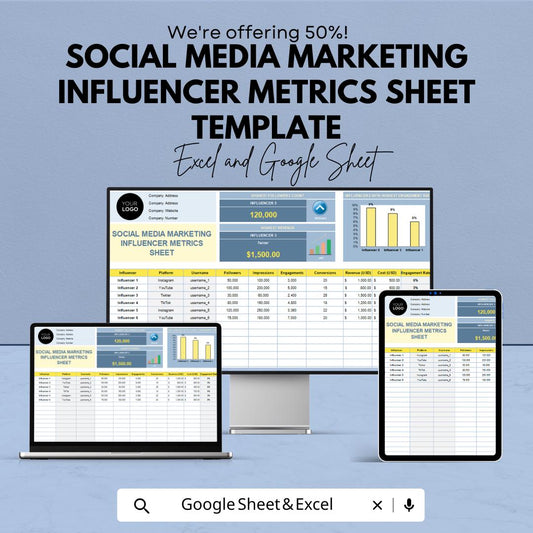 Social Media Marketing Influencer Metrics Sheet Template | Excel & Google Sheets | Influencer Analytics Tracker | Campaign Performance |