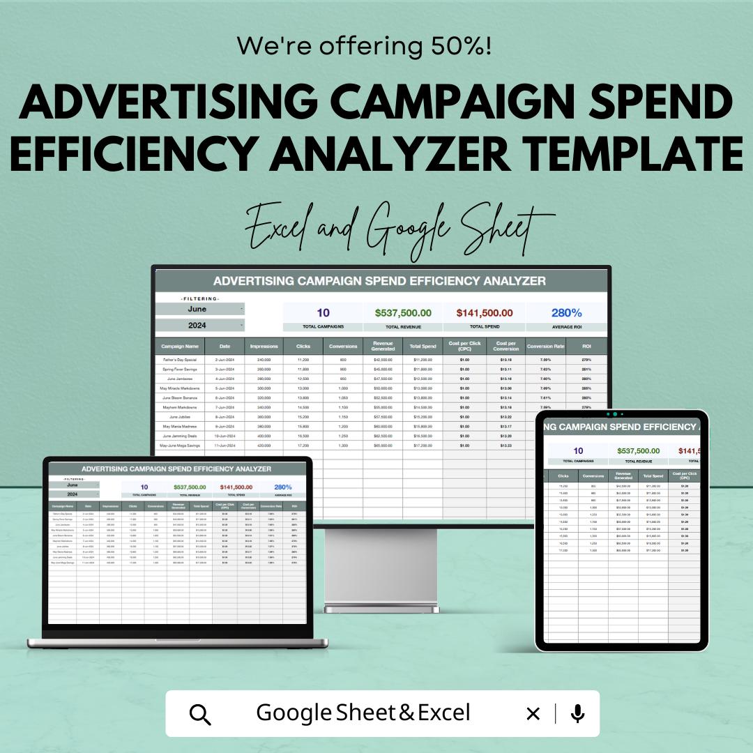 Advertising Campaign Spend Efficiency Analyzer Template | Marketing ROI Tracker | Ad Budget Planner | Campaign Performance Dashboard