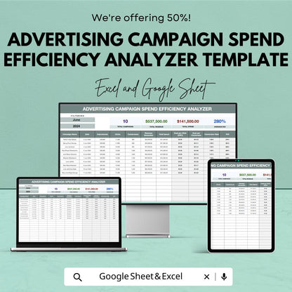 Advertising Campaign Spend Efficiency Analyzer Template | Marketing ROI Tracker | Ad Budget Planner | Campaign Performance Dashboard