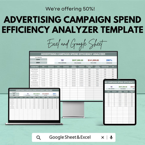 Advertising Campaign Spend Efficiency Analyzer Template | Marketing ROI Tracker | Ad Budget Planner | Campaign Performance Dashboard