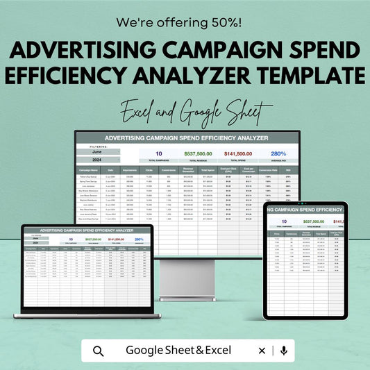 Advertising Campaign Spend Efficiency Analyzer Template | Marketing ROI Tracker | Ad Budget Planner | Campaign Performance Dashboard
