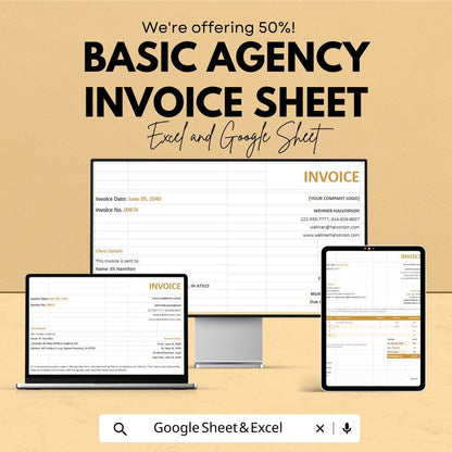 Basic Agency Invoice Sheet | Excel & Google Sheets Template | Customizable Invoice for Small