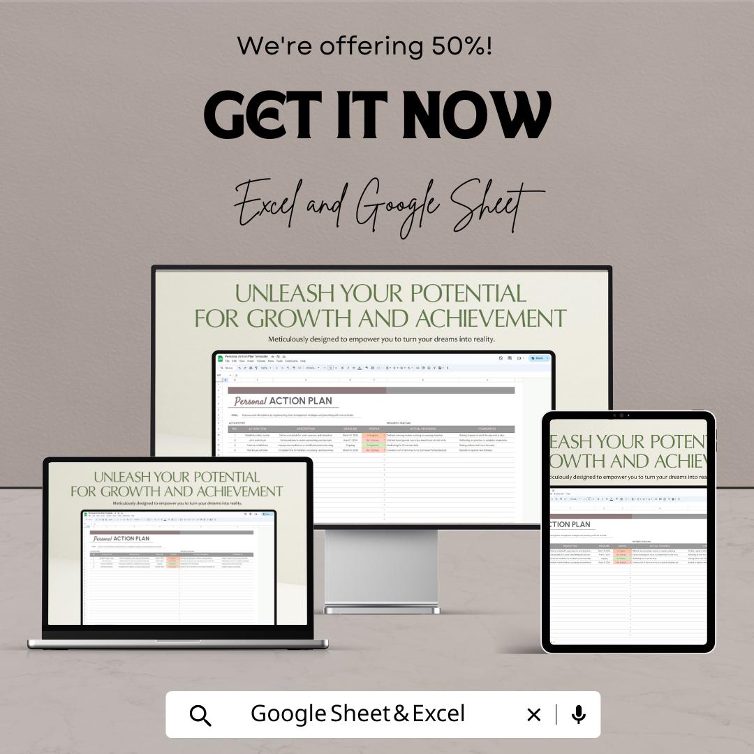 Personal Action Plan Sheet | Goal Setting Template | Excel and Google Sheets Format | Track Goals & Achievements
