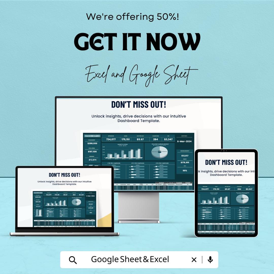 Dashboard Sheet Template | Excel & Google Sheets | Real-Time Data Tracking, Budget Management, Analytics Dashboard