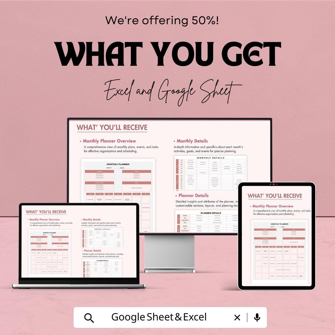 Monthly Planner Template | Editable Excel & Google Sheets Planner | Goal Tracker | Digital Organizer | Productivity and Schedule Template