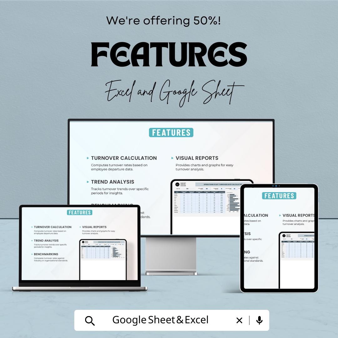 Operations Staff Turnover Rate Calculator Sheet | Employee Turnover Tracker | Excel & Google Sheets Template