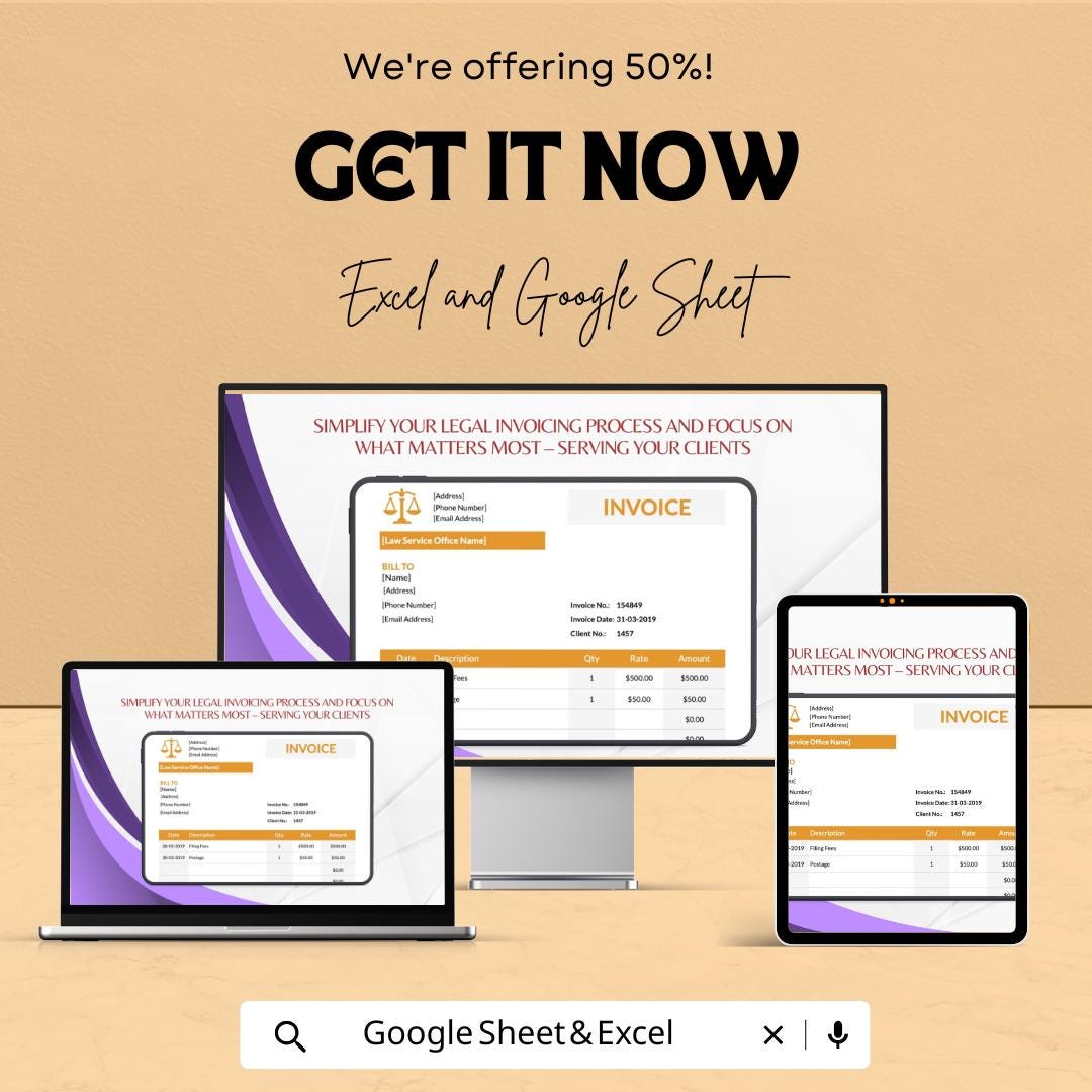 Legal Services Invoice Sheet | Google Sheet Template for Law Firms | Customizable Invoice Template | Legal Billing and Invoice Tracker |