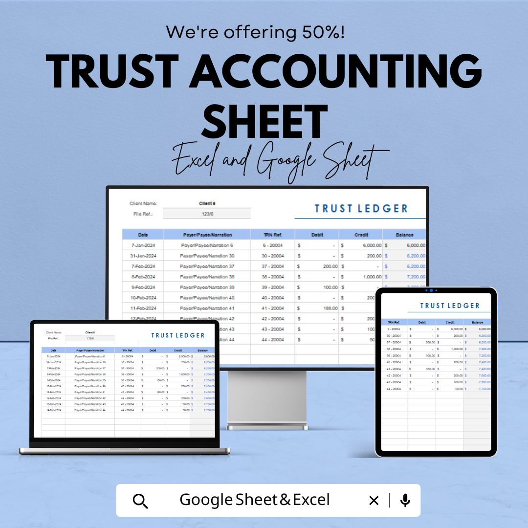 Trust Accounting Sheet | Excel and Google Sheet Template | Trust Ledger for Law Firms, Clients, Finance, Compliance & Transparency