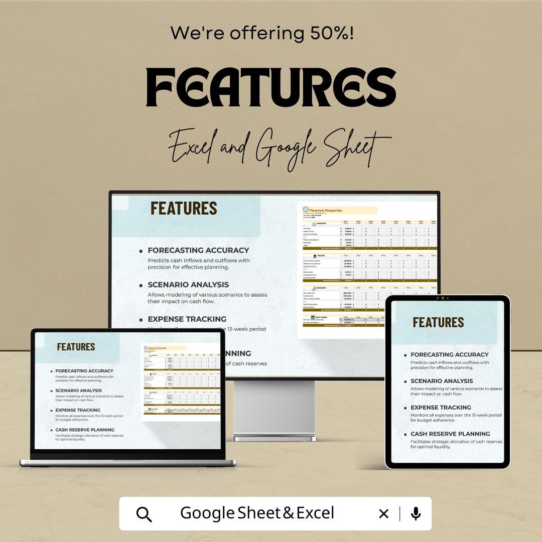 13 Week Cash Flow Template | Weekly Cash Flow Forecast Spreadsheet | Business Cash Flow Tracker | Excel and Google Sheets Financial Planner