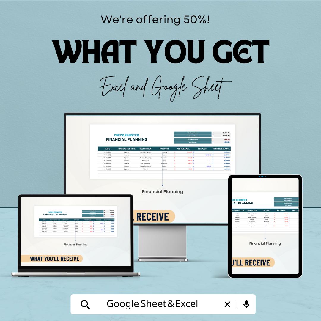Check Register for Financial Planning Template | Expense Tracker | Income and Expense Log | Budget Register Spreadsheet
