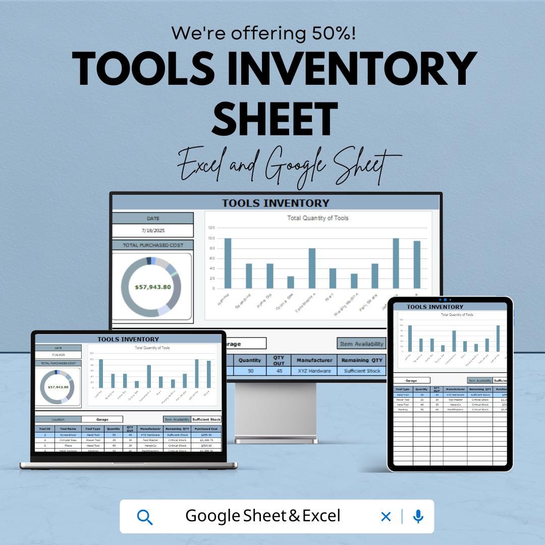 Tools Inventory Sheet | Excel & Google Sheet | Tool Tracking Spreadsheet | Efficient Tools Management Template | Tools Inventory Tracker