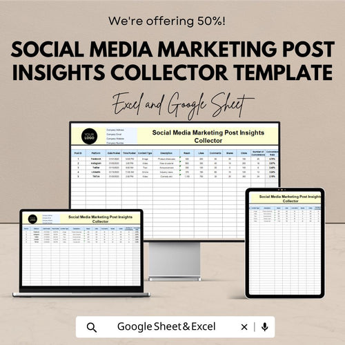 Social Media Marketing Post Insights Collector Template | Excel & Google Sheets | Social Media Analytics Tracker | Post Performance Log |