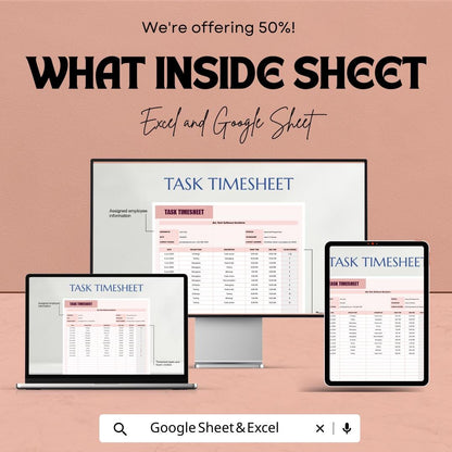 Task Timesheet Template - Excel & Google Sheet | Employee Tracking and Time Management | Customizable | Work Log Tracker