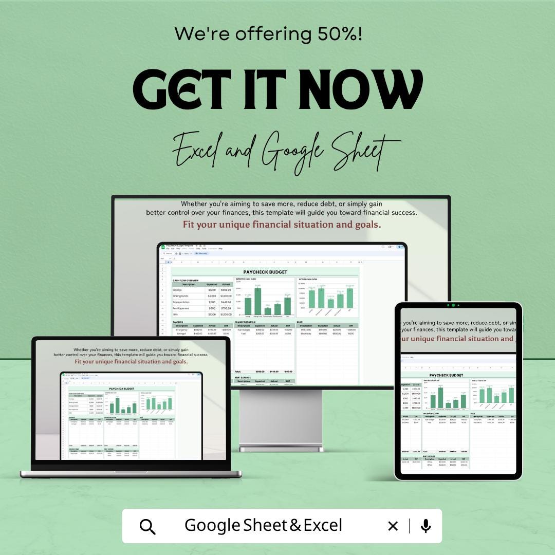 Paycheck Budget Template for Excel & Google Sheets | Monthly Budget Planner Spreadsheet | Personal Finance Tracker | Cash Flow Budget Sheet