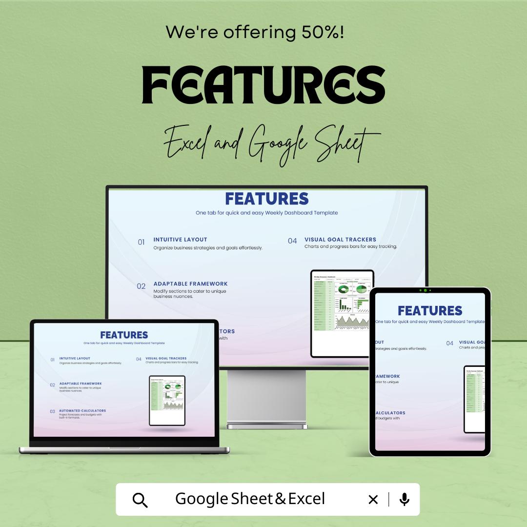 Weekly Dashboard Sheet | KPI Summary Tracker | Google Sheets & Excel Template | Business Progress Report | Project Status Dashboard