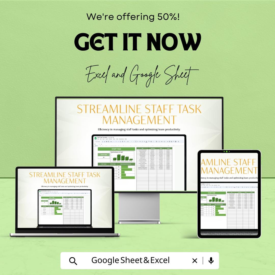 Staff Task Sheet Template for Excel and Google Sheets | Task Management & Distribution Tracker | Boost Team Productivity | 50% Off!