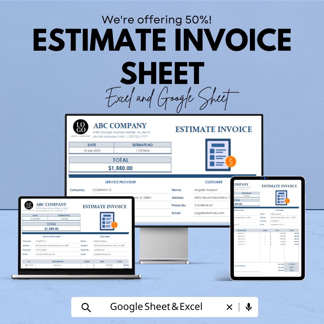Estimate Invoice Sheet | Excel and Google Sheets | Customizable Invoice Template | Professional Estimate & Billing | Instant Download