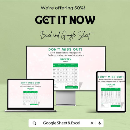 Grocery Shop Price List Sheet | Excel & Google Sheets | Product Pricing, Inventory Management Template