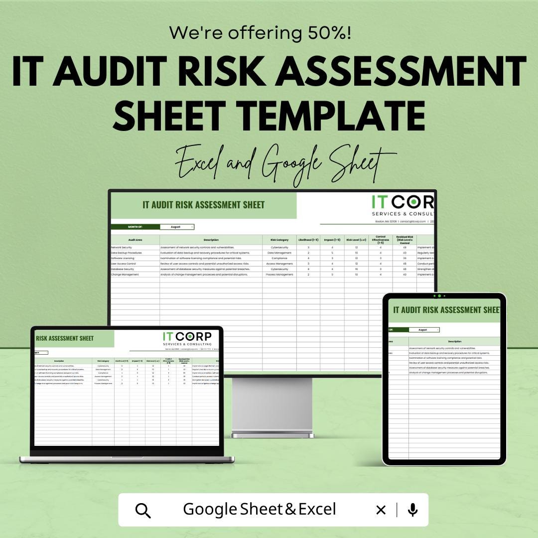 IT Audit Risk Assessment Template | Risk Management Sheet | IT Audit Checklist | Cybersecurity Risk Log | Excel & Google Sheets