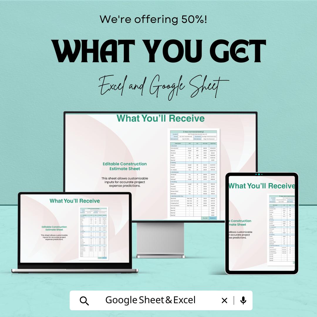 Editable Construction Cost Estimate Sheet - Excel & Google Sheets Template - Cost Calculation, Budget Planner, Construction Expense Tracker