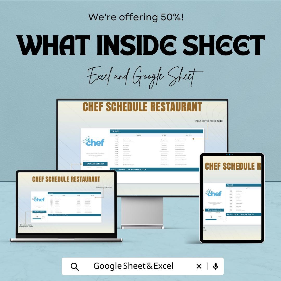 Chef Schedule Template | Restaurant Staff Schedule Spreadsheet | Kitchen Task Planner | Excel & Google Sheets | Restaurant Shift Planner