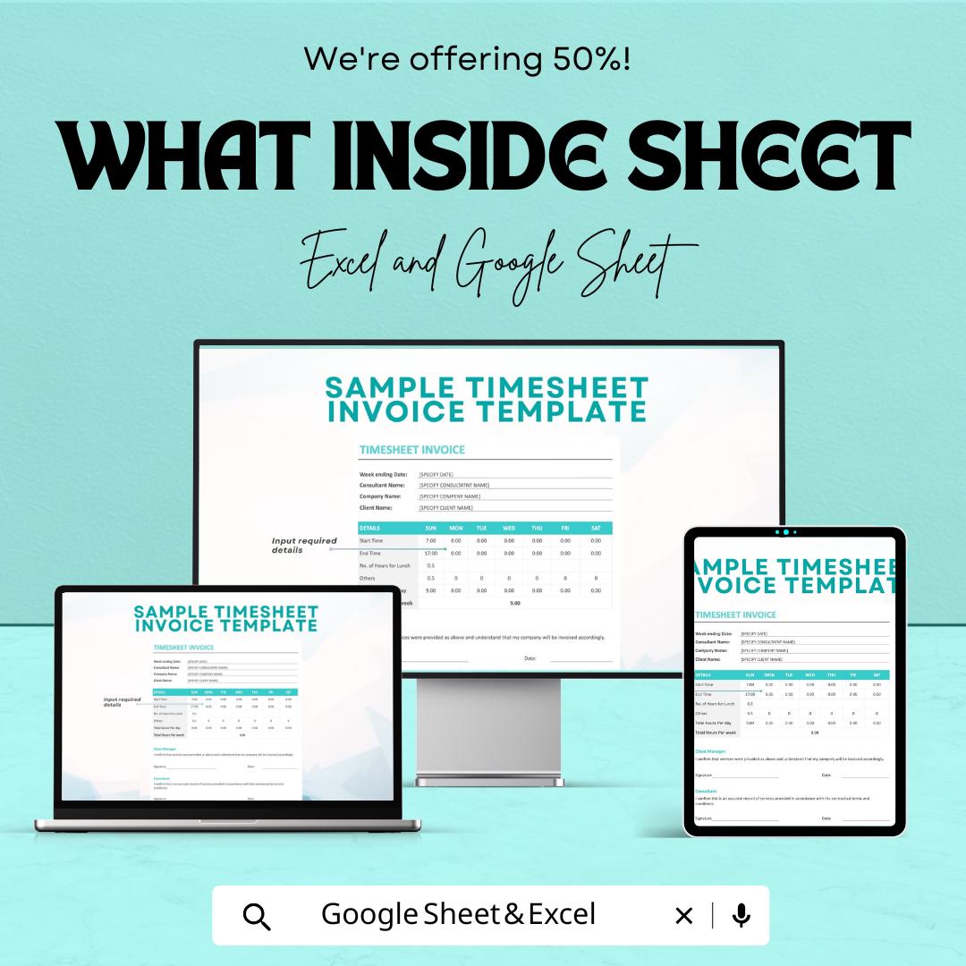Sample Timesheet Invoice Sheet - Customizable Template for Freelancers, Excel & Google Sheets, Track Billable Hours and Payments