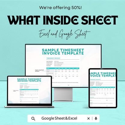 Sample Timesheet Invoice Sheet - Customizable Template for Freelancers, Excel & Google Sheets, Track Billable Hours and Payments
