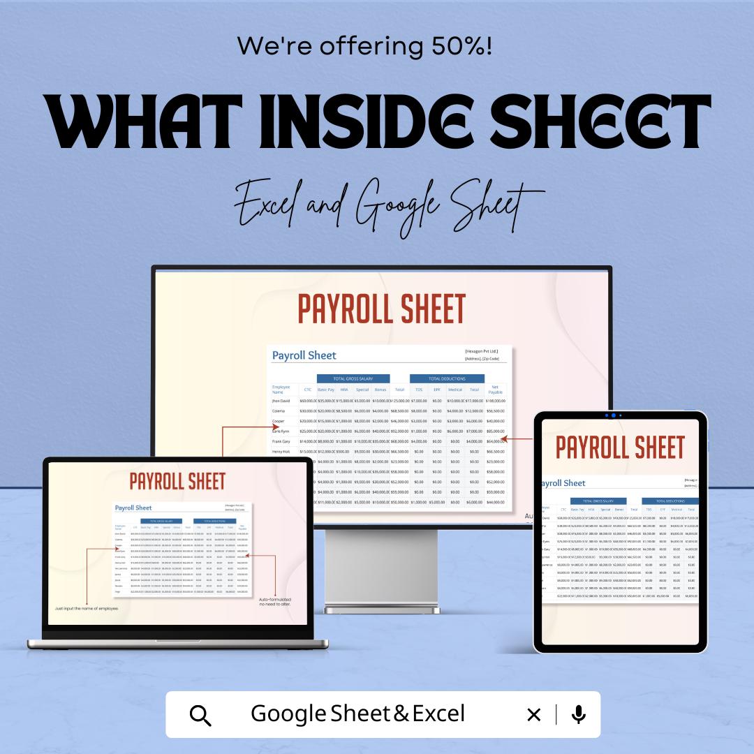Payroll Sheet Template for Excel and Google Sheets | Instant Download | 50% Off | Organize Employee Salaries & Deductions
