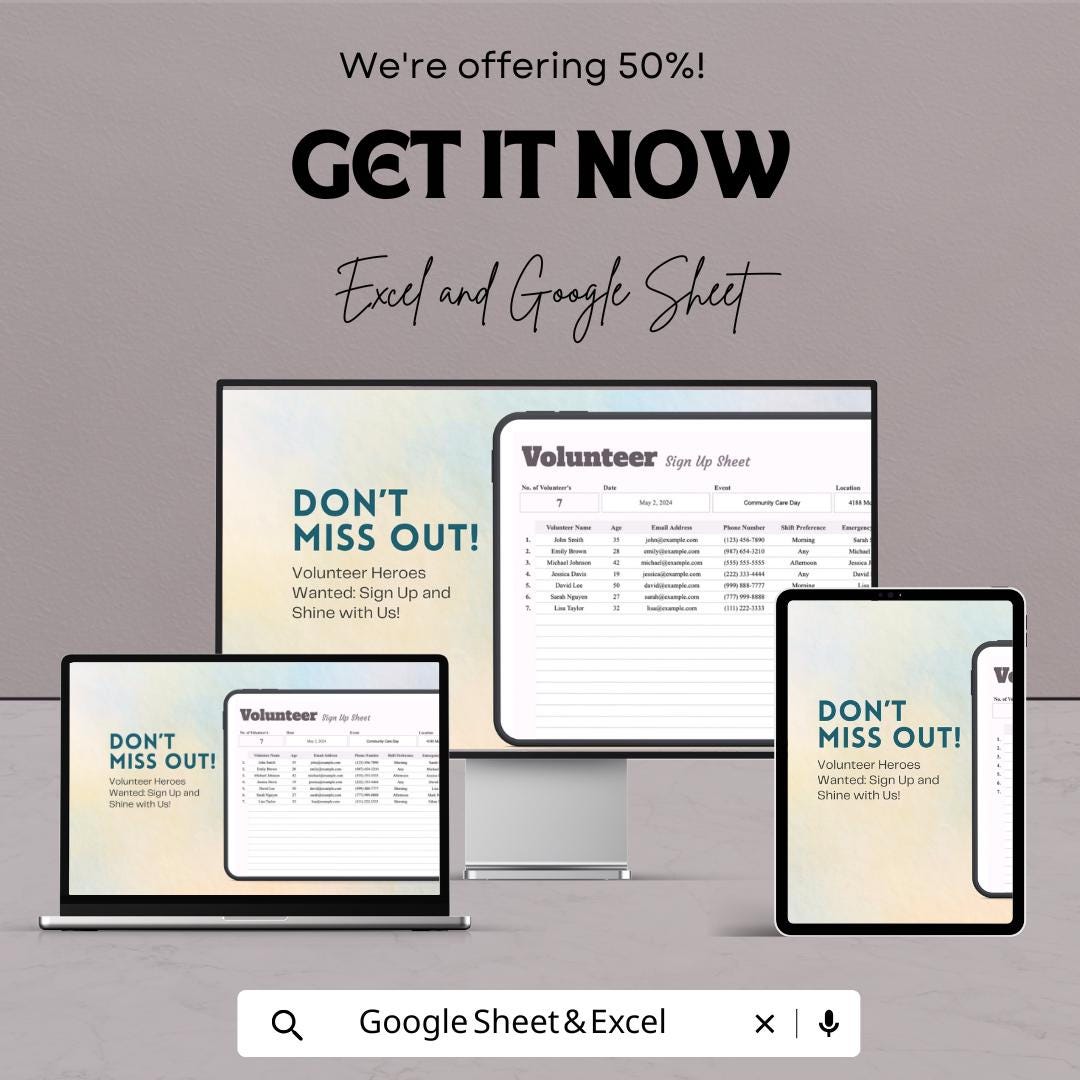 Volunteer Sign-Up Sheet | Event Registration Template | Track Volunteers and Hours | Excel & Google Sheets | Instant Download