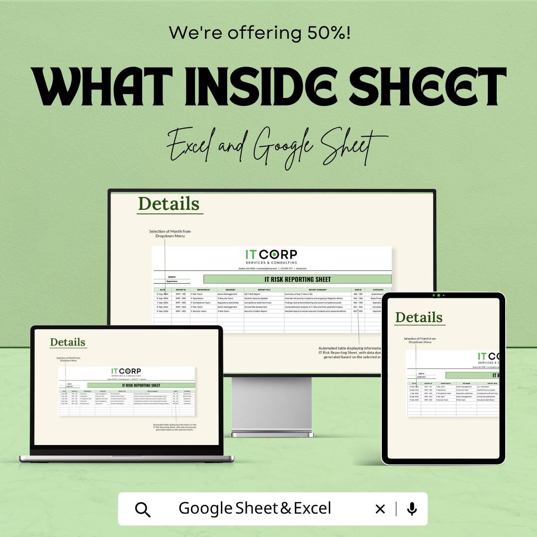 IT Risk Reporting Template | Risk Management Log Excel | IT Risk Register Spreadsheet | Compliance Tracker | Google Sheets Risk Report