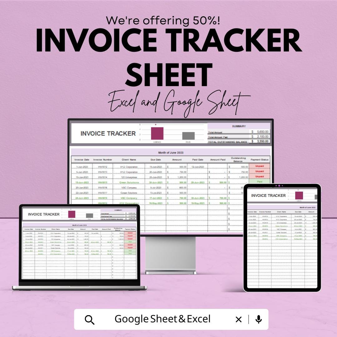 Invoice Tracker Sheet for Google Sheets – Professional Invoice Management Template – Track Payments, Due Dates, and Outstanding Balances