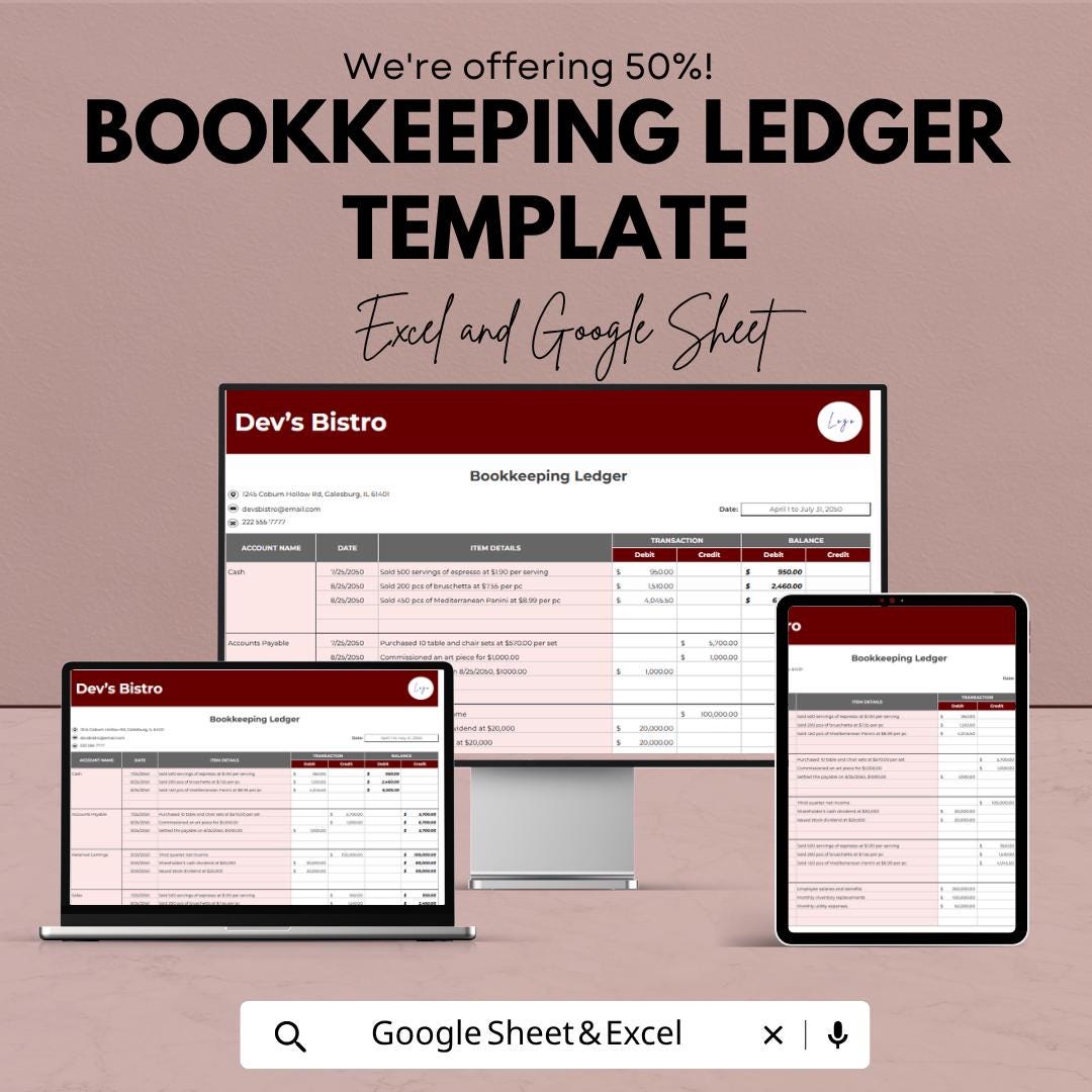 Bookkeeping Ledger Template | Small Business Accounting Spreadsheet | Expense Tracker | Financial Ledger | Google Sheets & Excel |