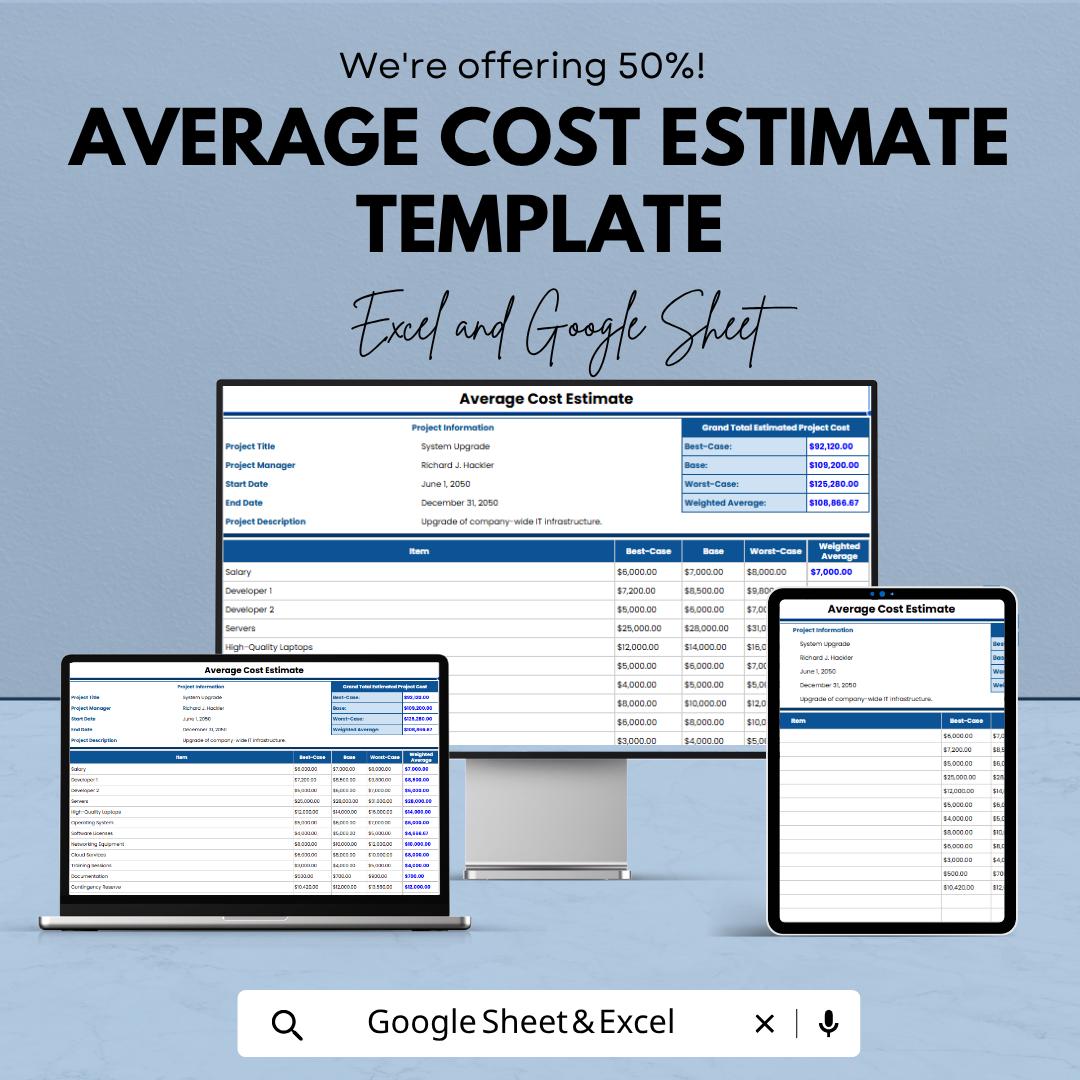 Average Cost Estimate Template | Project Cost Estimator Spreadsheet | Budget Planning Template | Cost Analysis Sheet