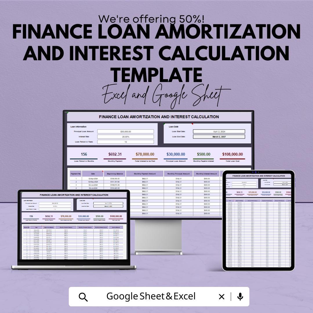 Loan Amortization Spreadsheet, Interest Calculation Template, Finance Loan Tracker, Payment Schedule Calculator, Excel Google Sheets