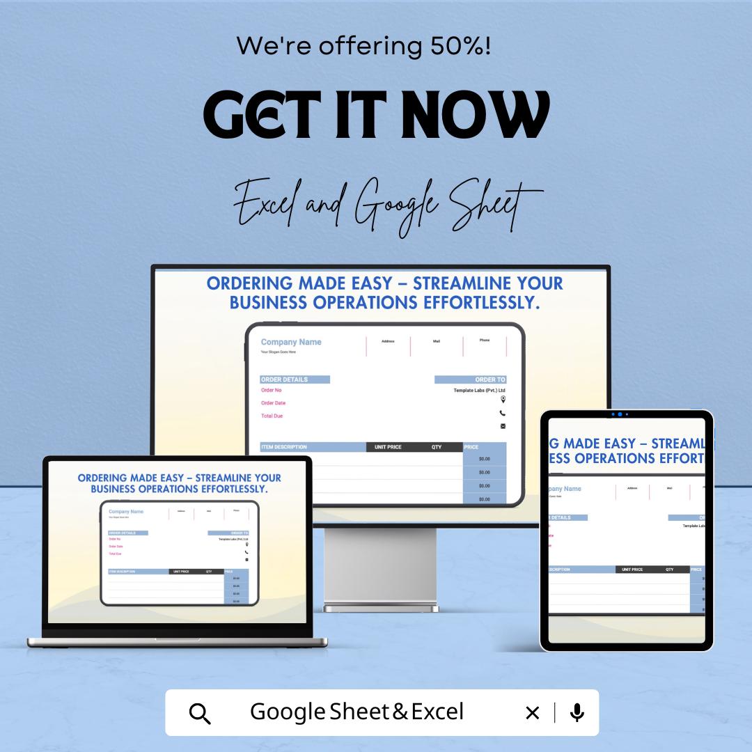 Simple Order Form Sheet | Excel & Google Sheets Template | Customizable for Small Business Orders | Instant Download