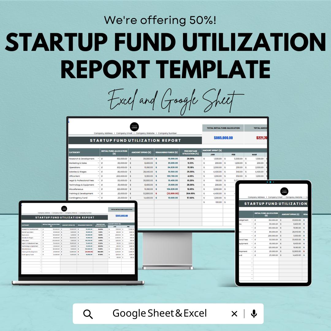 Startup Fund Utilization Report Template | Excel & Google Sheets | Startup Budget Tracker | Business Expense Report | Investor Fund Tracking