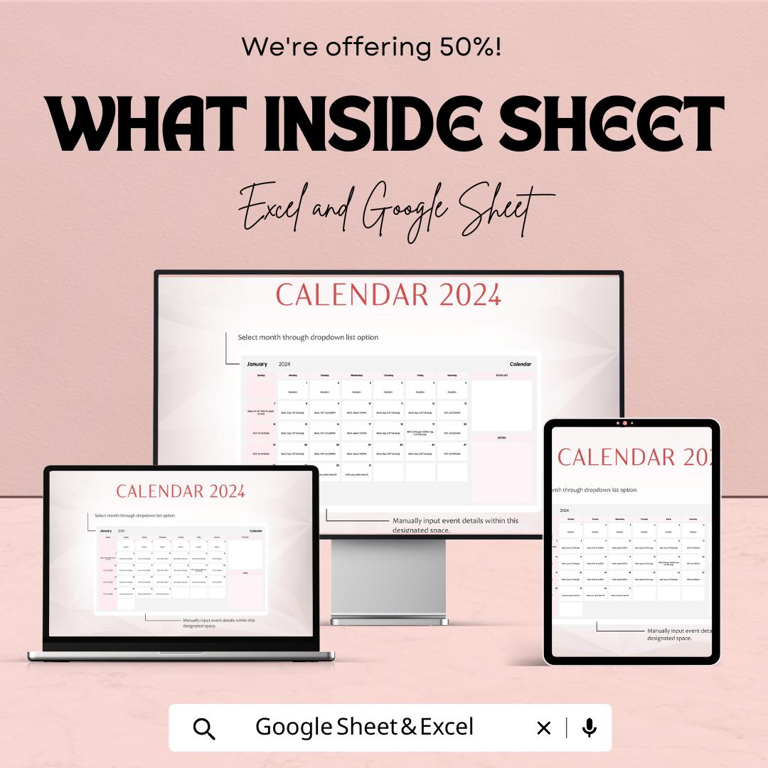 Days of the Month Calendar Template | 2024 Excel and Google Sheets | Monthly Planner & Organizer | Customizable Calendar Template