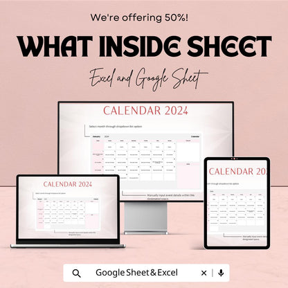 Days of the Month Calendar Template | 2024 Excel and Google Sheets | Monthly Planner & Organizer | Customizable Calendar Template